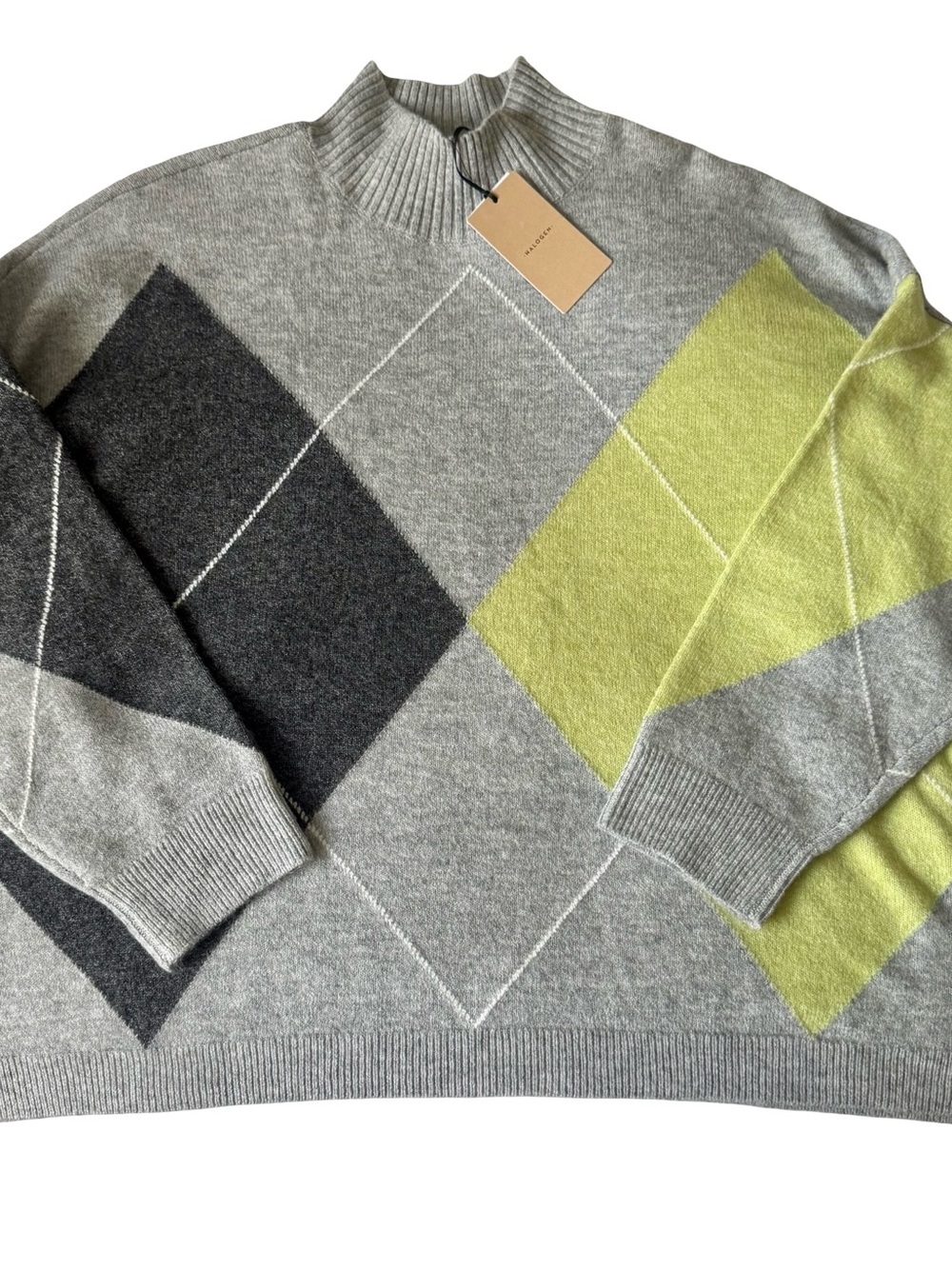 NWT Halogen Women’s Gray Argyle Mock Neck Rib-Knit Pullover Sweater Size XL